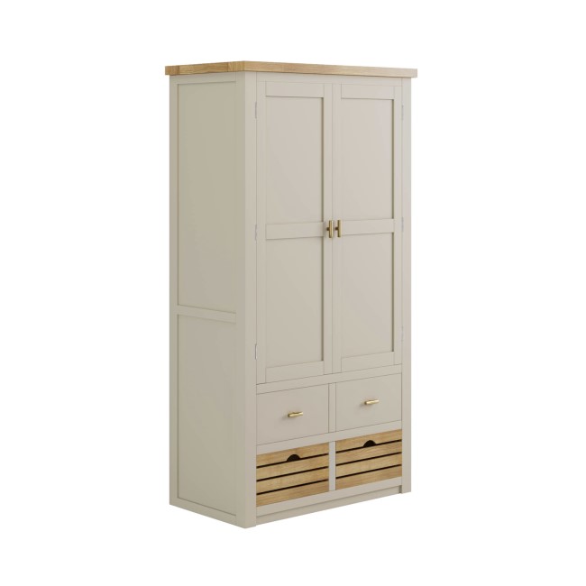 Beige Double Freestanding Kitchen Larder Pantry Cupboard with Oak Crate Drawers - Emilia