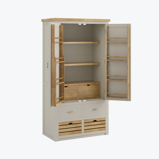 Beige Double Freestanding Kitchen Larder Pantry Cupboard with Oak Crate Drawers - Emilia