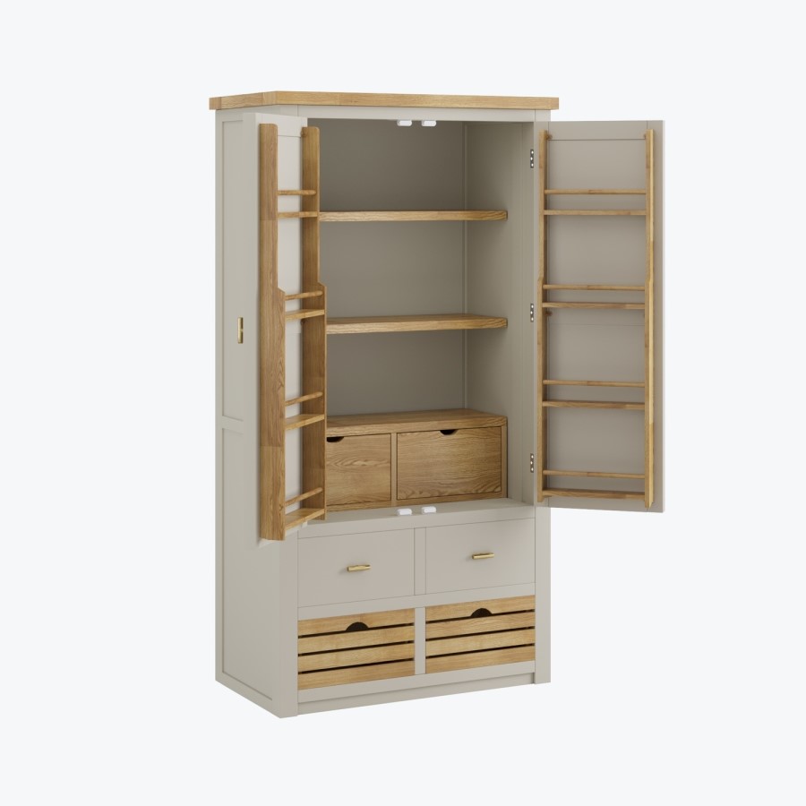 ONLY OPENED - Beige Double Freestanding Kitchen Larder with Oak Crate Drawers - Emilia