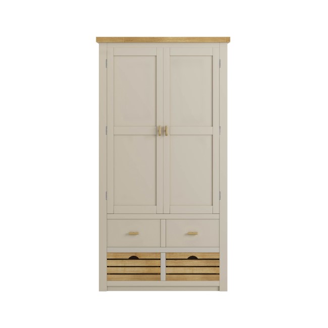 Beige Double Freestanding Kitchen Larder Pantry Cupboard with Oak Crate Drawers - Emilia