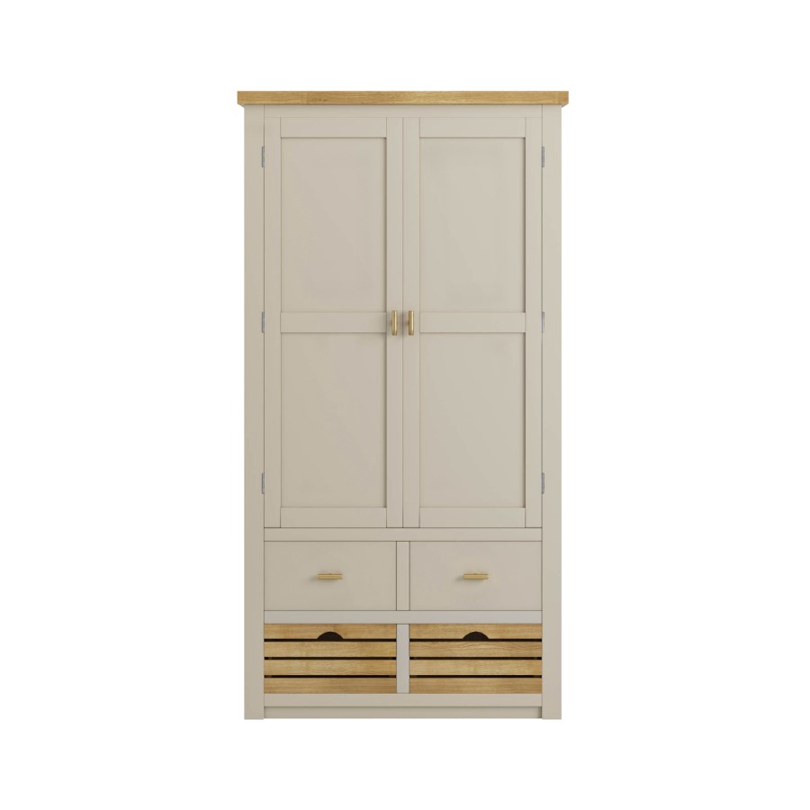 ONLY OPENED - Beige Double Freestanding Kitchen Larder with Oak Crate Drawers - Emilia