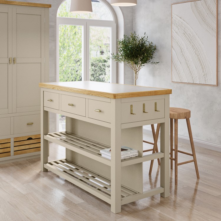 Beige Freestanding Kitchen Island with Storage & Stone Top - 140cm - Emilia