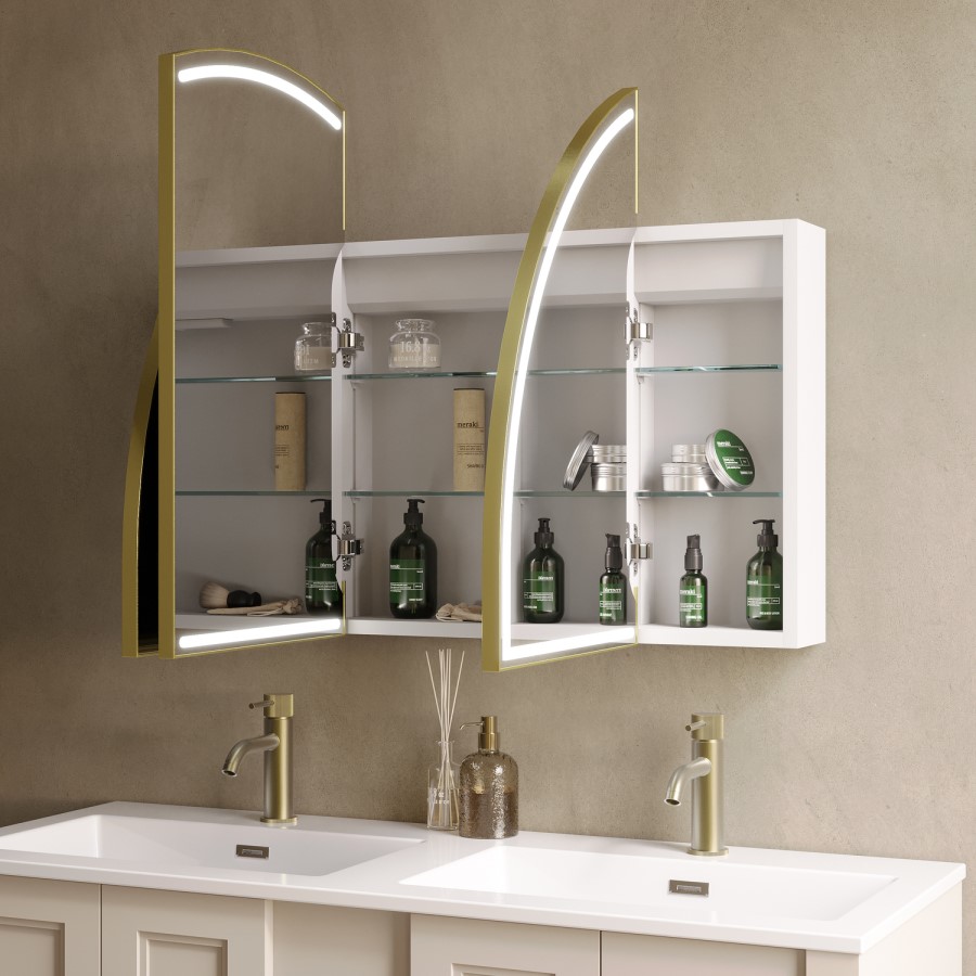 Triple Door Brass Bathroom Mirror Cabinet with Lights, Demister & Shaver Socket 1200 x 690mm - Empire
