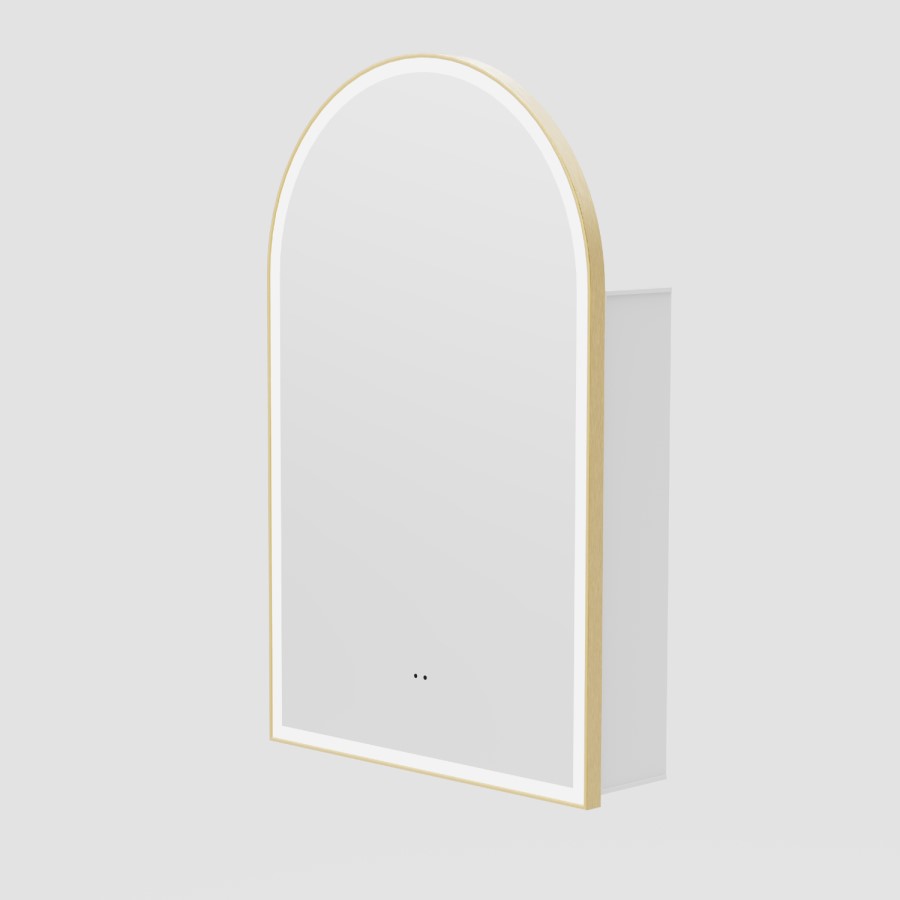 Single Door Brass Bathroom Mirror Cabinet with Lights, Demister & Shaver Socket 500 x 800mm - Empire