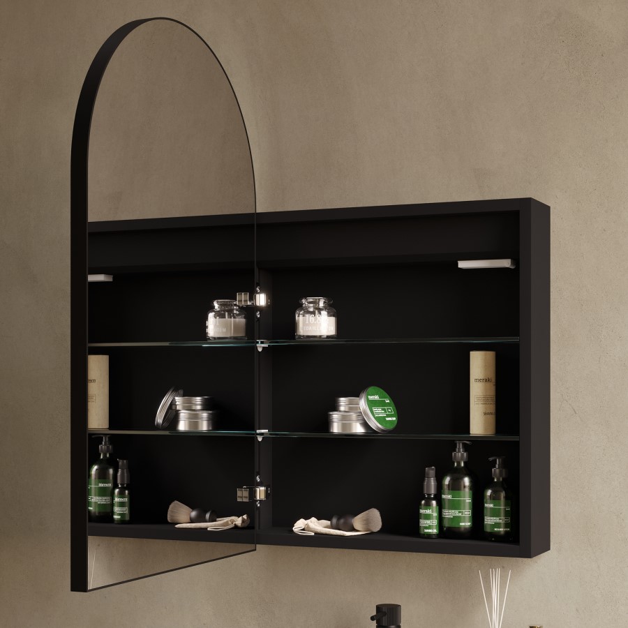Single Door Black Bathroom Mirror Cabinet with Lights, Demister & Shaver Socket 500 x 800mm - Empire