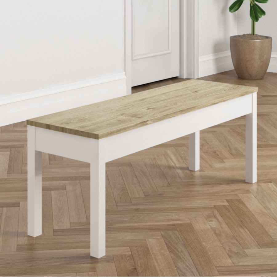 Large White & Solid Pine Dining Bench - Seats 2 - Emerson