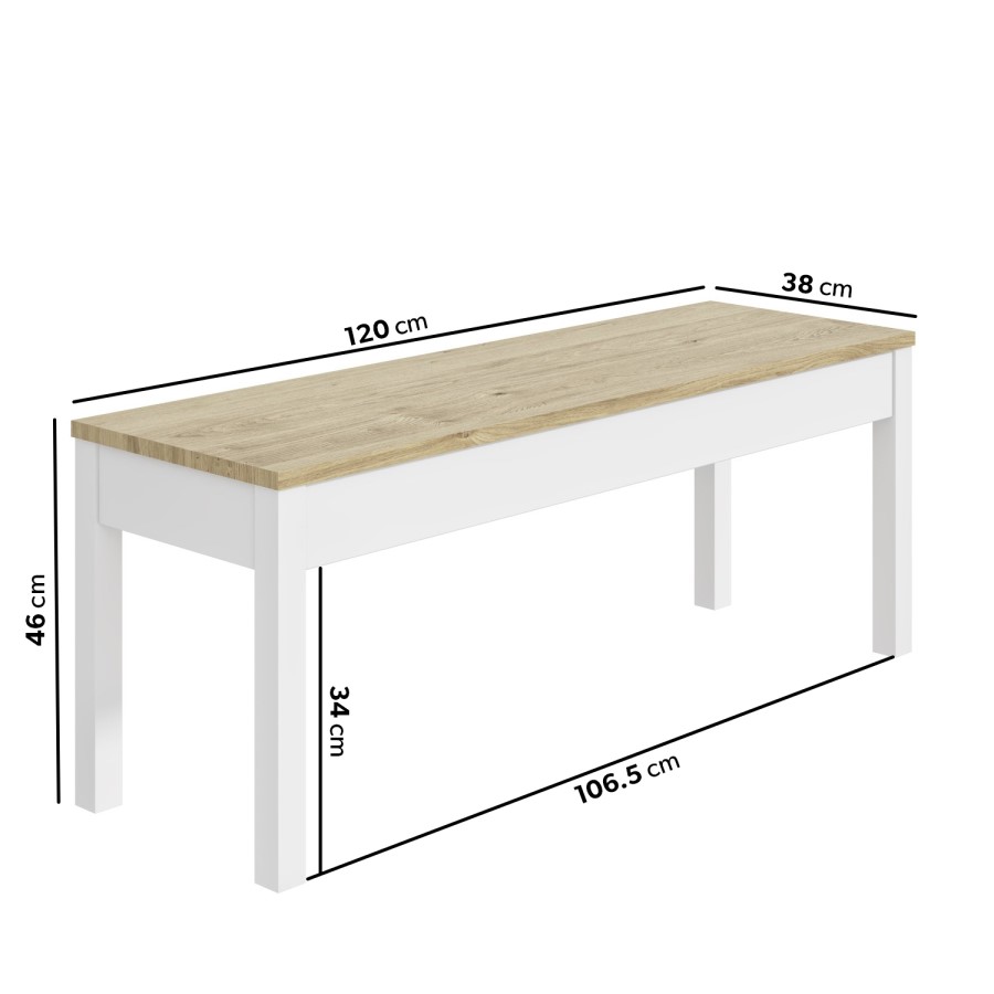 Large White & Solid Pine Dining Bench - Seats 2 - Emerson