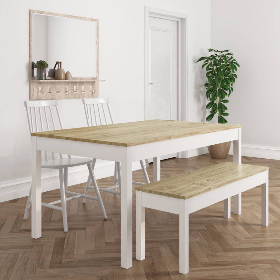 Large White & Solid Pine Dining Bench - Seats 2 - Emerson