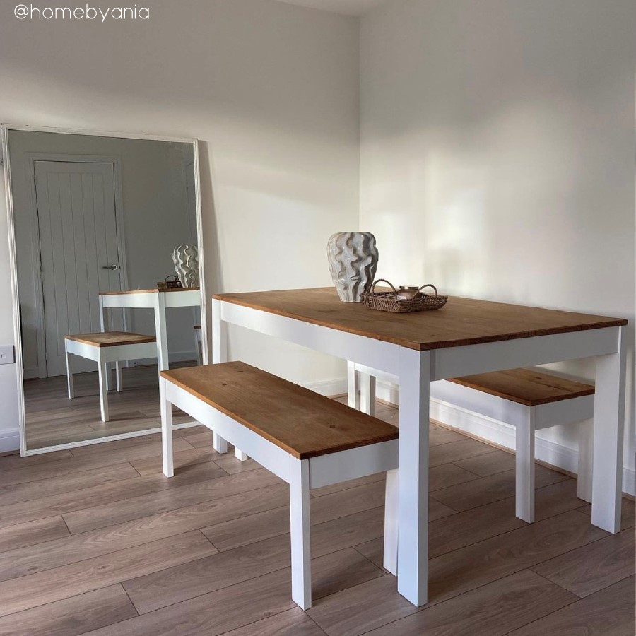Large White & Solid Pine Dining Bench - Seats 2 - Emerson