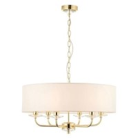 GRADE A1 - 6 Light Chandelier in Brass & White Silk Shade - Nixon