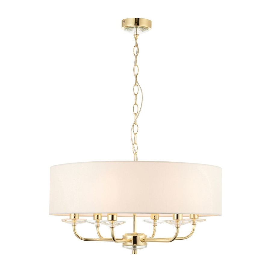 GRADE A1 - 6 Light Chandelier in Brass & White Silk Shade - Nixon