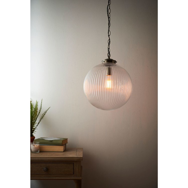 Large Round Pendant Light with Glass Shade & Antique Brass Chain - Brydon