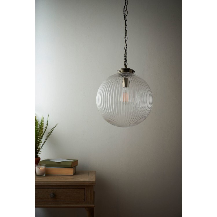 Large Round Pendant Light with Glass Shade & Antique Brass Chain - Brydon