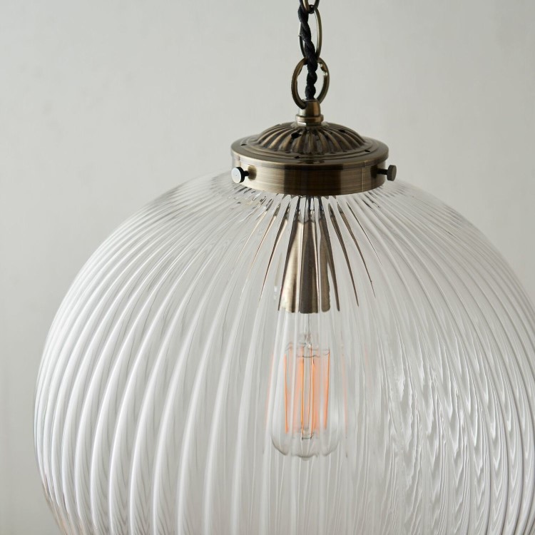 Large Round Pendant Light with Glass Shade & Antique Brass Chain - Brydon