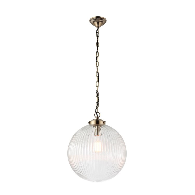 Large Round Pendant Light with Glass Shade & Antique Brass Chain - Brydon