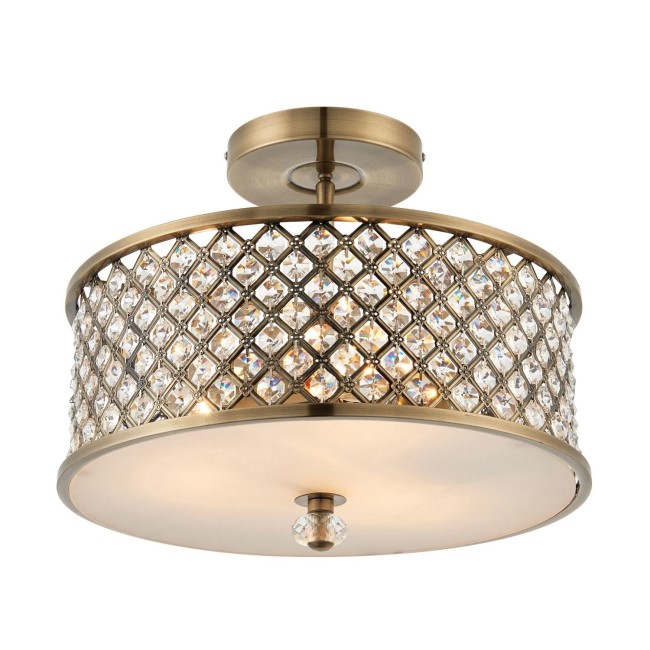 Antique Brass & Crystal Semi Flush Ceiling Light - Hudson