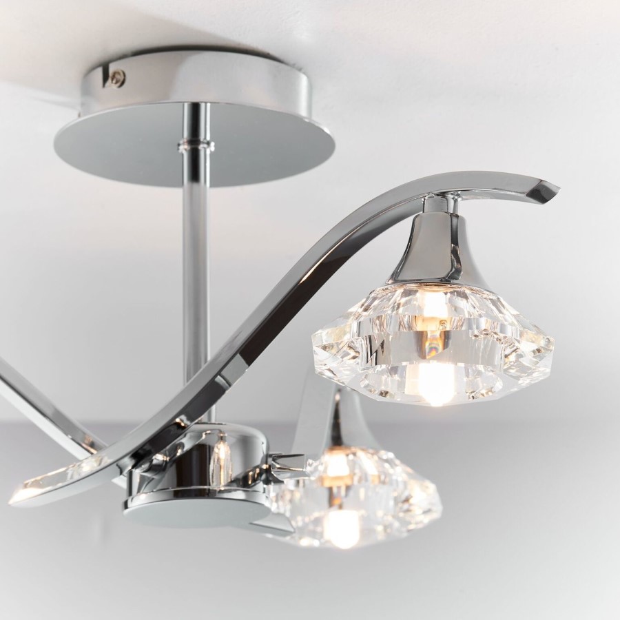 Langella Chrome Effect Semi Flush Ceiling Light with 3 Lights & Crystal Glass Finish