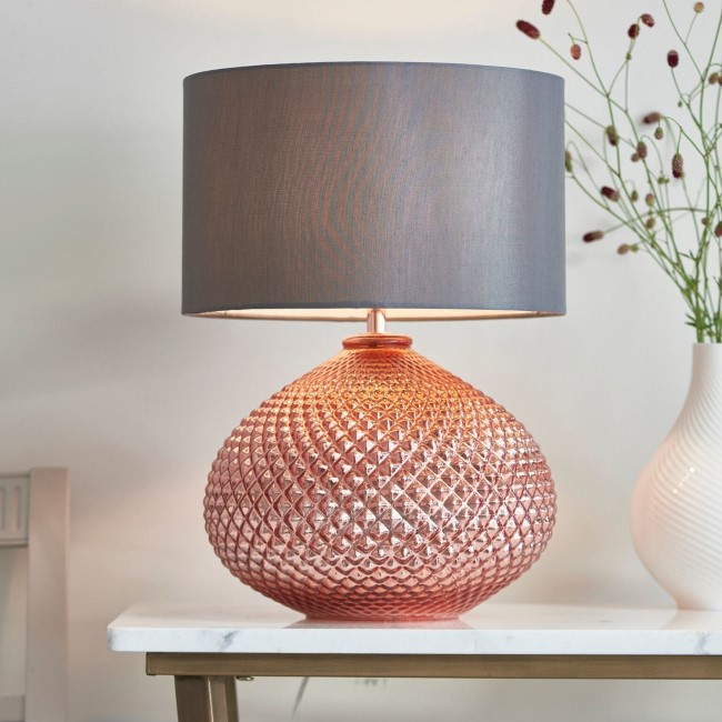 Rose Gold Glass Table Lamp with Grey Shade - Livia