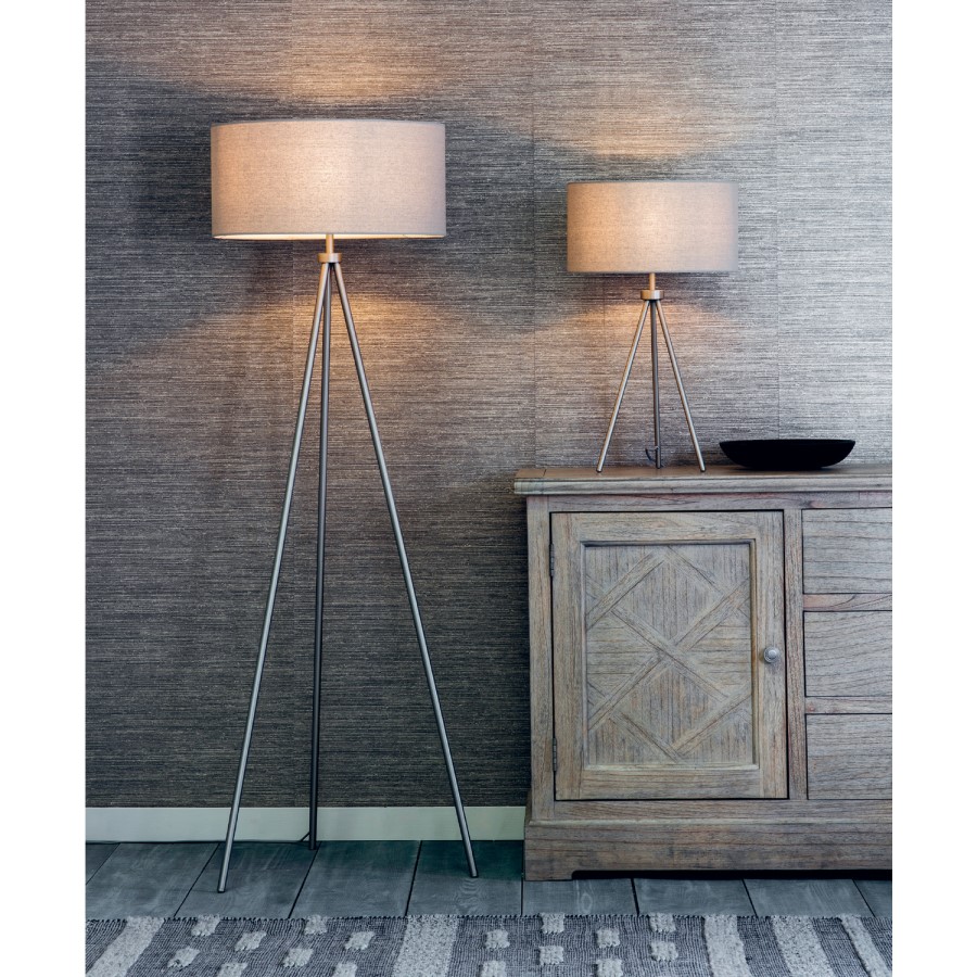 Nickel Tripod Table Lamp with Grey Shade- Tri