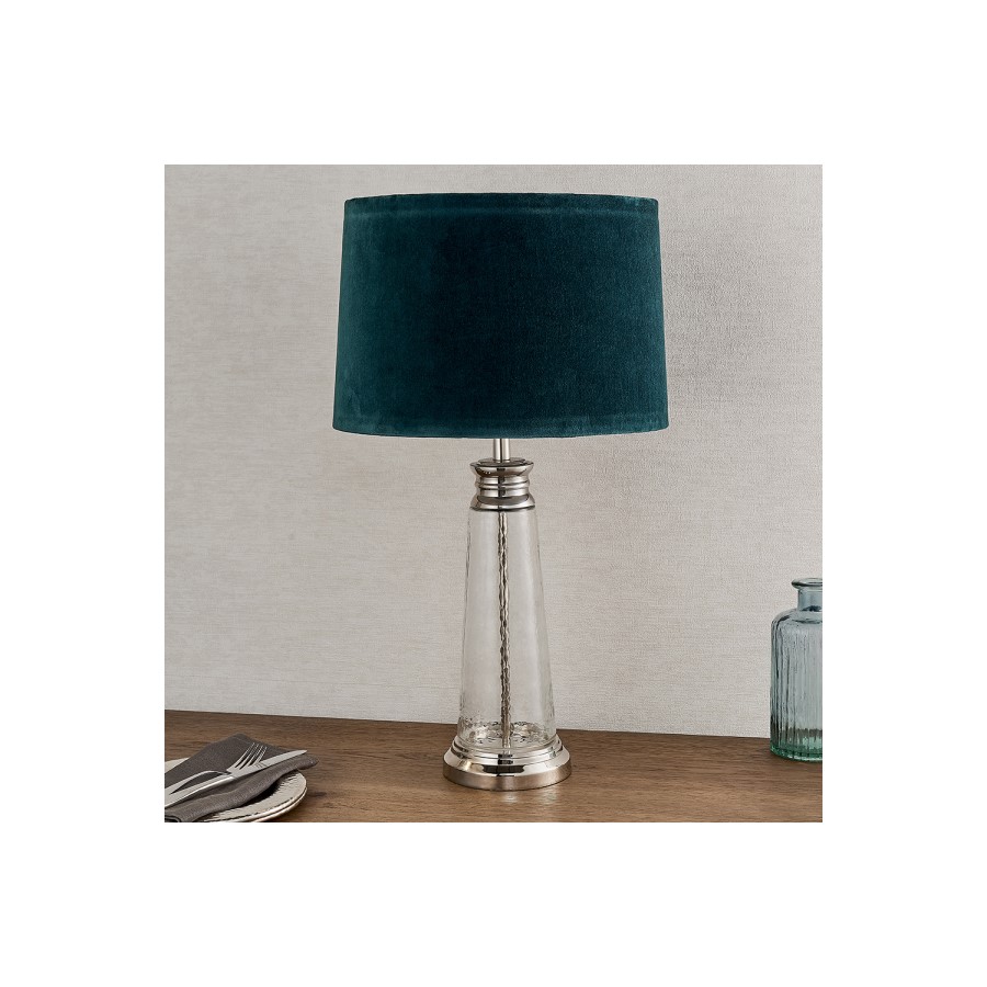 Glass Table Lamp with Teal Velvet Shade - Winslet