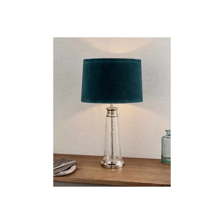 Glass Table Lamp with Teal Velvet Shade - Winslet