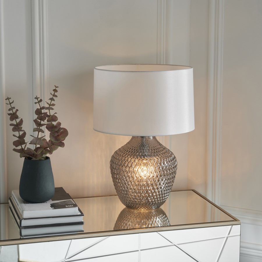 Chelworth Glass Grey Twin Light Table Lamp with White Shade
