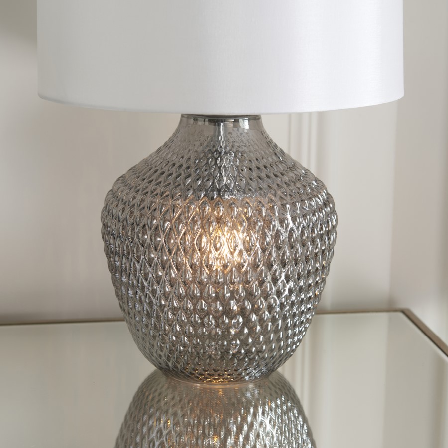Chelworth Glass Grey Twin Light Table Lamp with White Shade