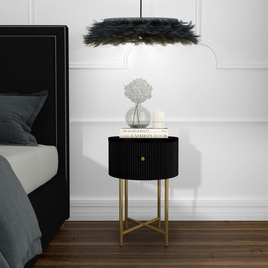 Enzo Groove Detail 1 Drawer Bedside Table in Black and Gold - Art Deco Style
