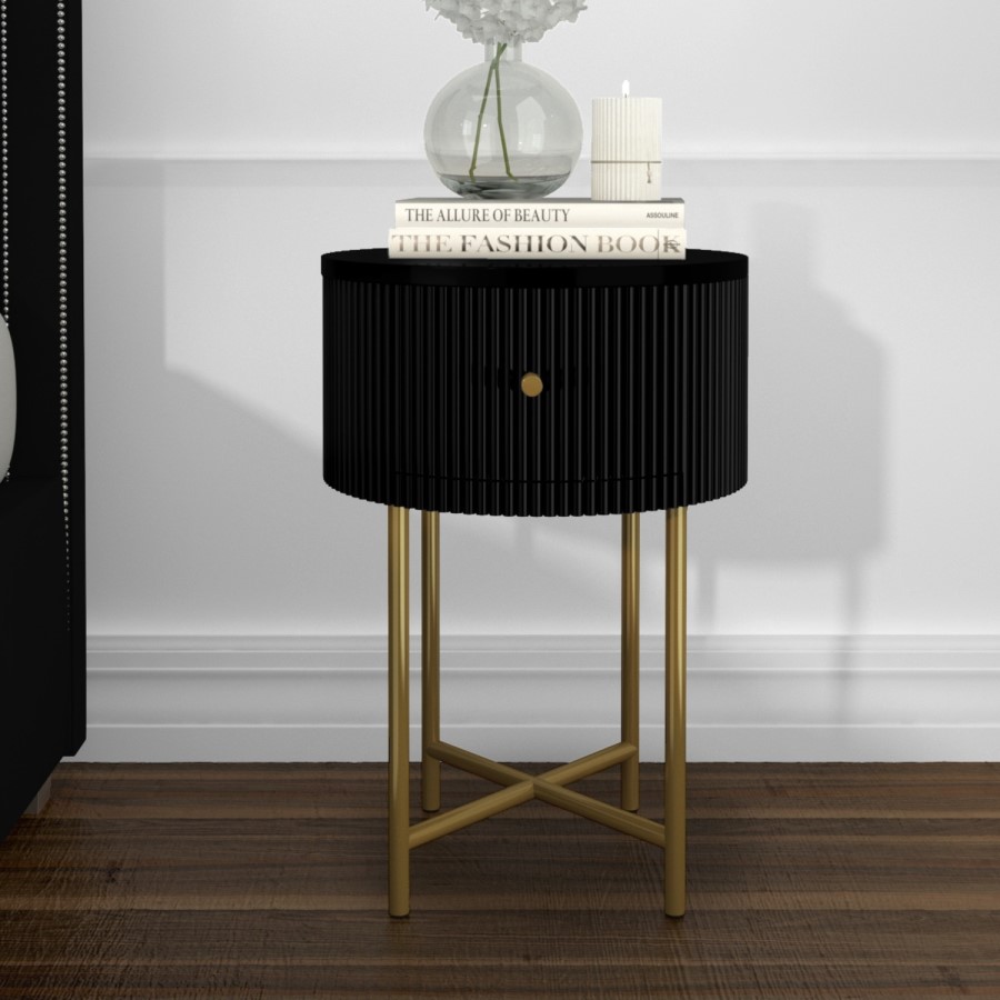 Enzo Groove Detail 1 Drawer Bedside Table in Black and Gold - Art Deco Style
