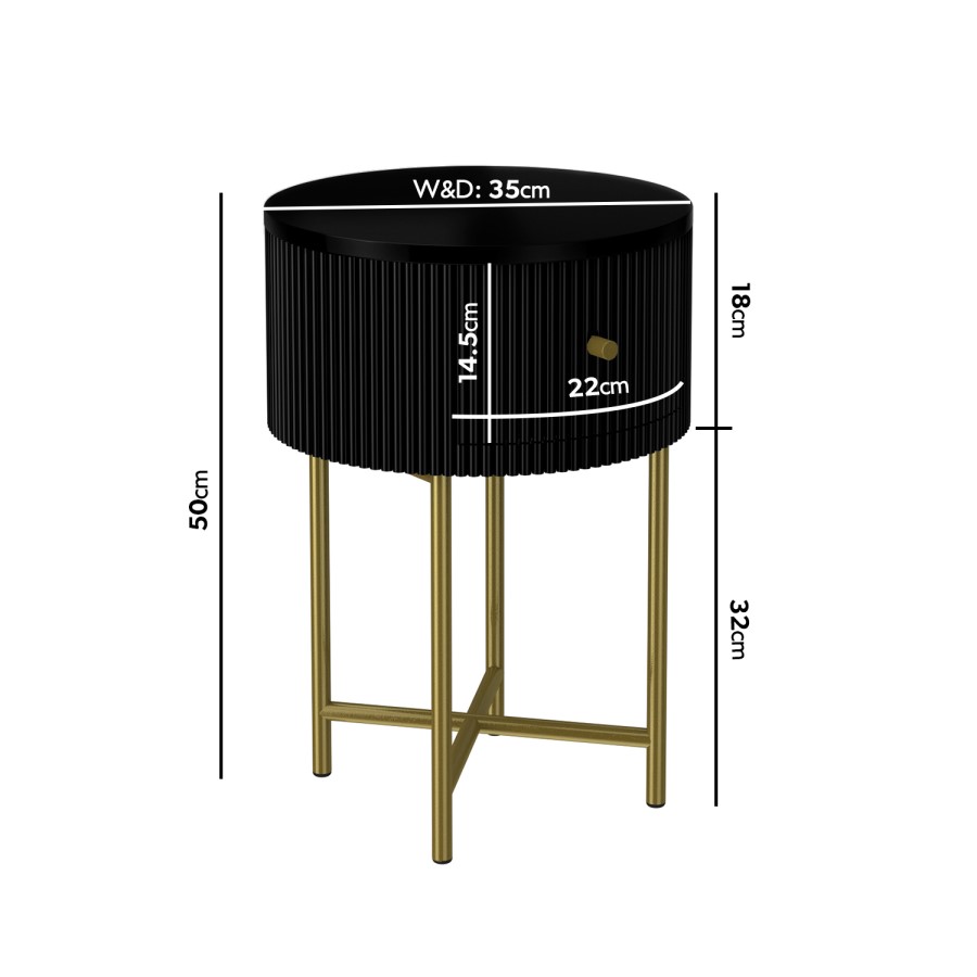 Enzo Groove Detail 1 Drawer Bedside Table in Black and Gold - Art Deco Style