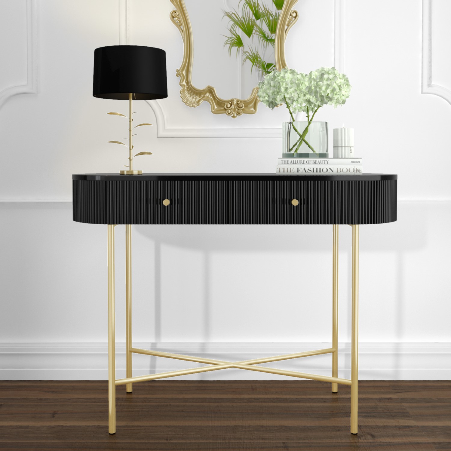 GRADE A1 - Enzo Groove Detail 2 Drawer Dressing Table in Black and Gold - Art Deco Style - Furniture123 GRADE A1 - Enzo Groove Detail 2 Drawer Dressing Table in Black and Gold - Art Deco Style - Furniture123