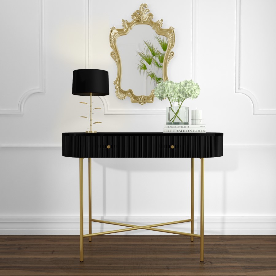 Enzo Groove Detail 2 Drawer Dressing Table in Black and Gold - Art Deco Style