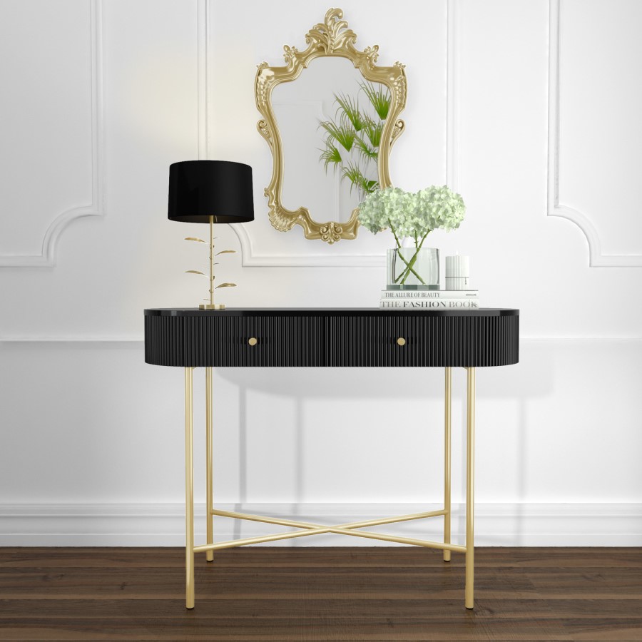 GRADE A1 - Enzo Groove Detail 2 Drawer Dressing Table in Black and Gold - Art Deco Style