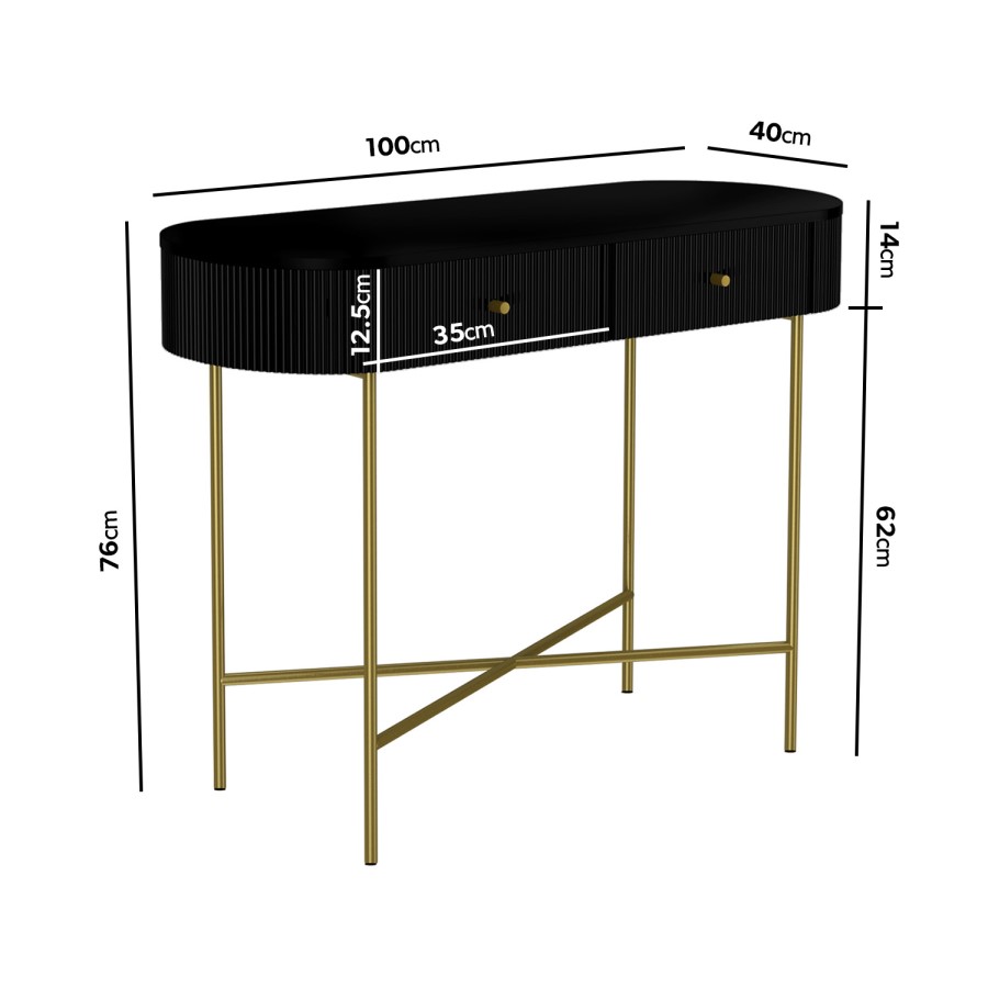 Enzo Groove Detail 2 Drawer Dressing Table in Black and Gold - Art Deco Style