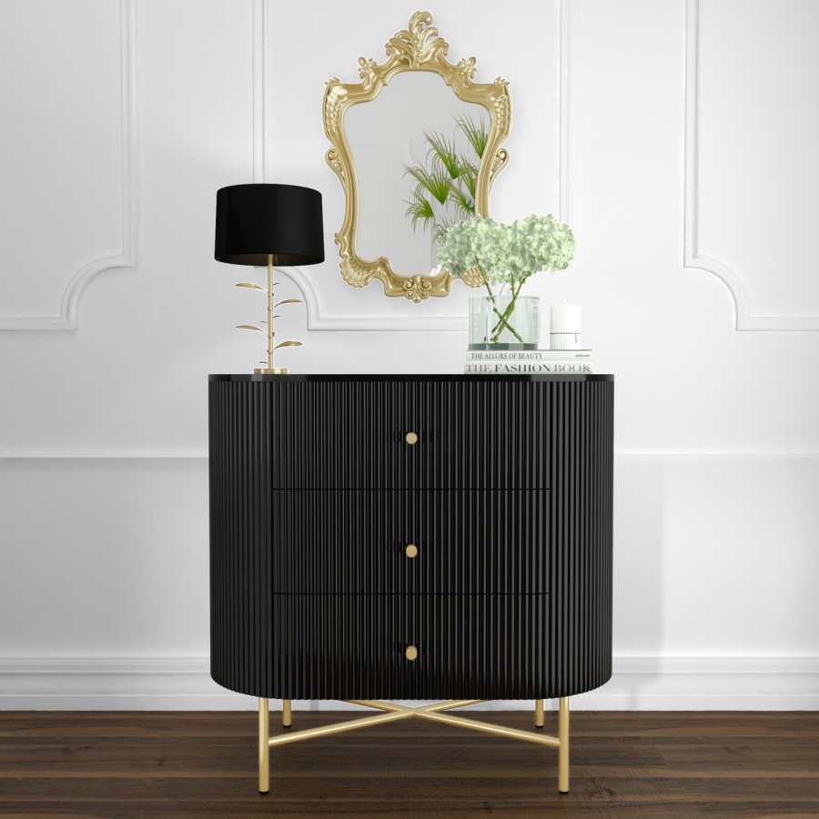 GRADE A1 - Enzo Groove Detail 3 Drawer Chest of Drawers in Black and Gold - Art Deco Style