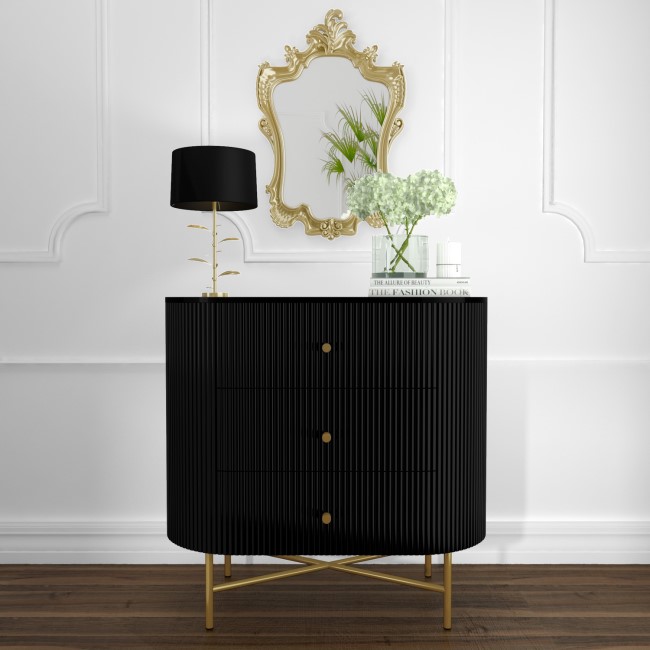 Enzo Groove Detail 3 Drawer Chest of Drawers in Black and Gold - Art Deco Style