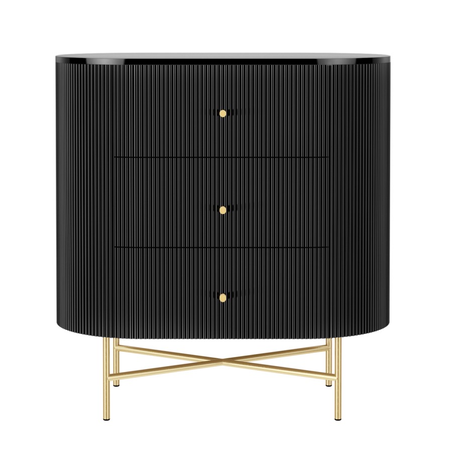 GRADE A1 - Enzo Groove Detail 3 Drawer Chest of Drawers in Black and Gold - Art Deco Style
