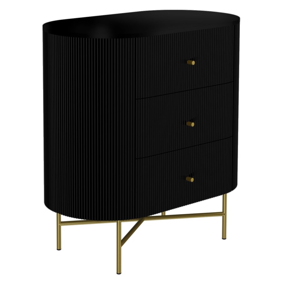 Enzo Groove Detail 3 Drawer Chest of Drawers in Black and Gold - Art Deco Style