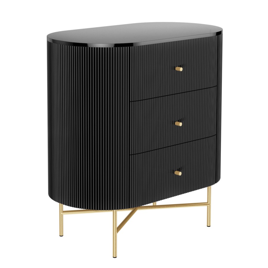 GRADE A1 - Enzo Groove Detail 3 Drawer Chest of Drawers in Black and Gold - Art Deco Style