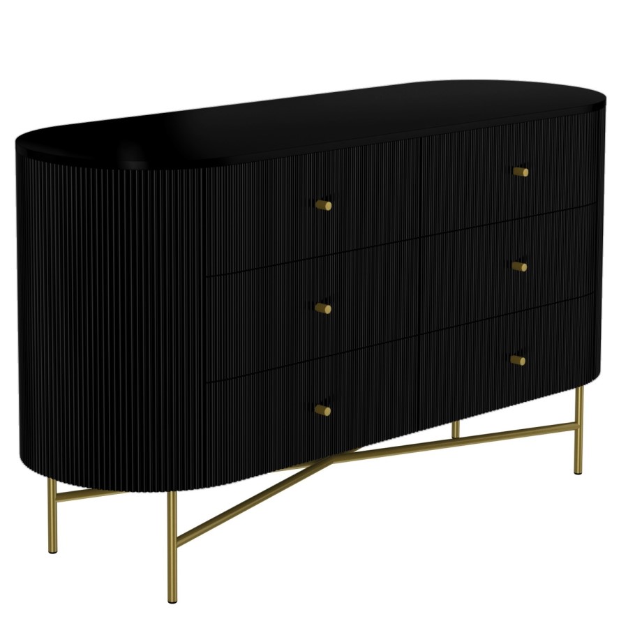 Enzo Groove Detail 6 Drawer Wide Chest of Drawers in Black and Gold - Art Deco Style