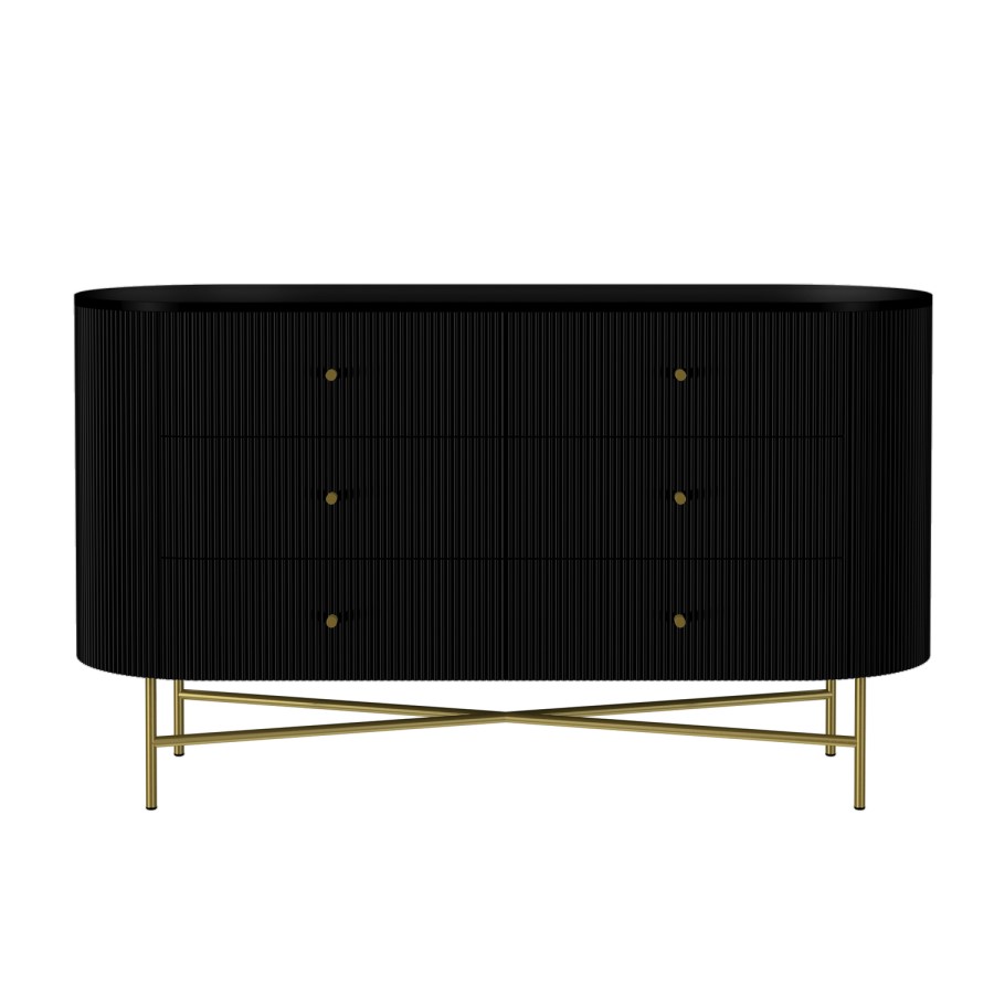 Enzo Groove Detail 6 Drawer Wide Chest of Drawers in Black and Gold - Art Deco Style