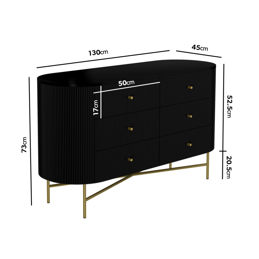 Enzo Groove Detail 6 Drawer Wide Chest of Drawers in Black and Gold - Art Deco Style