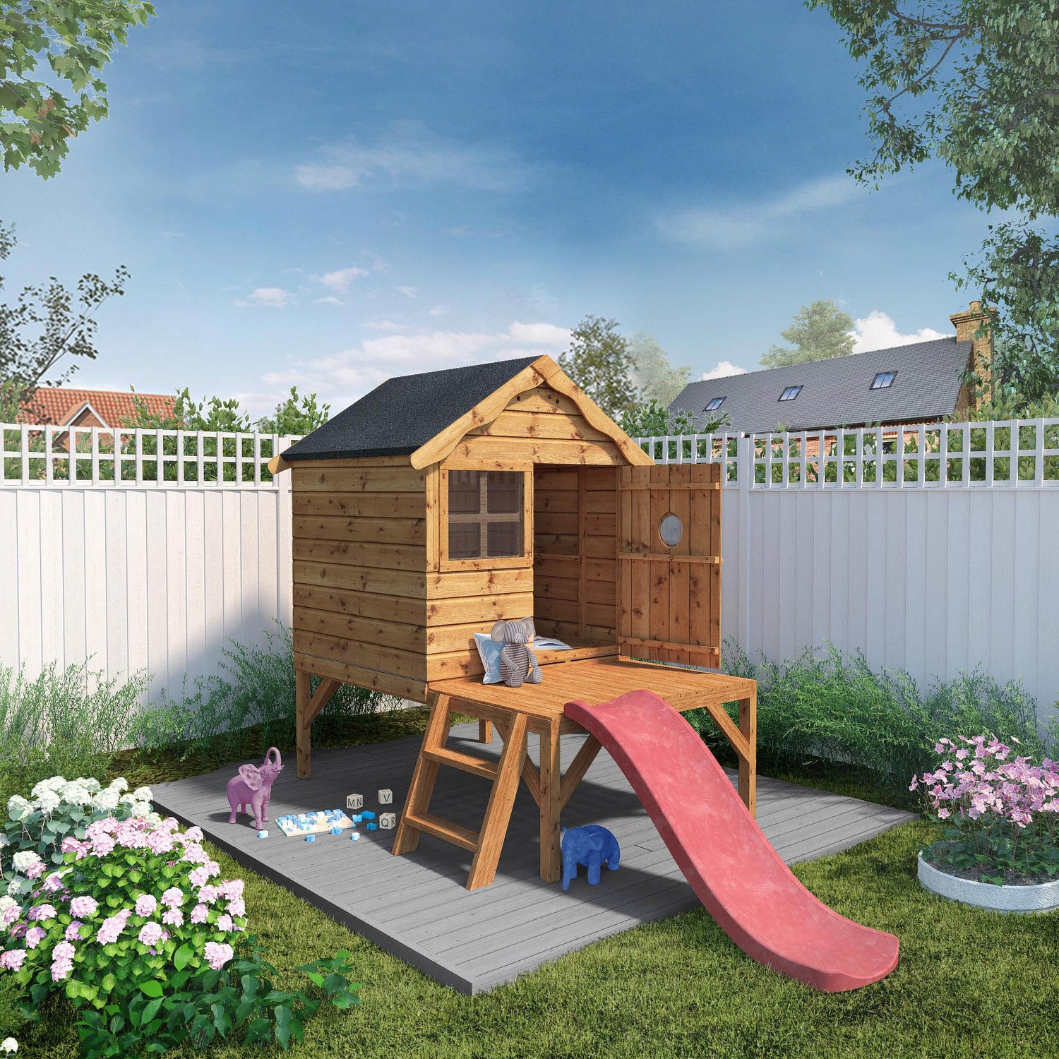 Photo of Mercia - small wooden tower playhouse with slide - snug