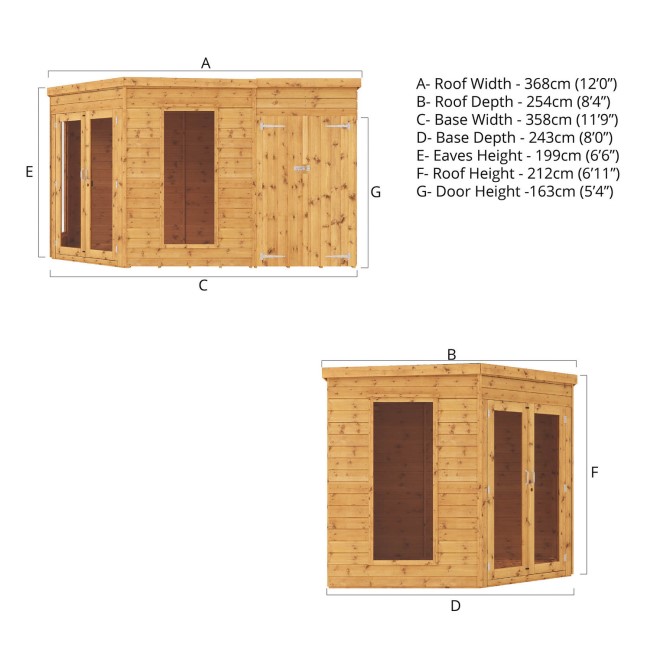 Mercia -  8 x 12 Corner Summerhosue with Side Shed