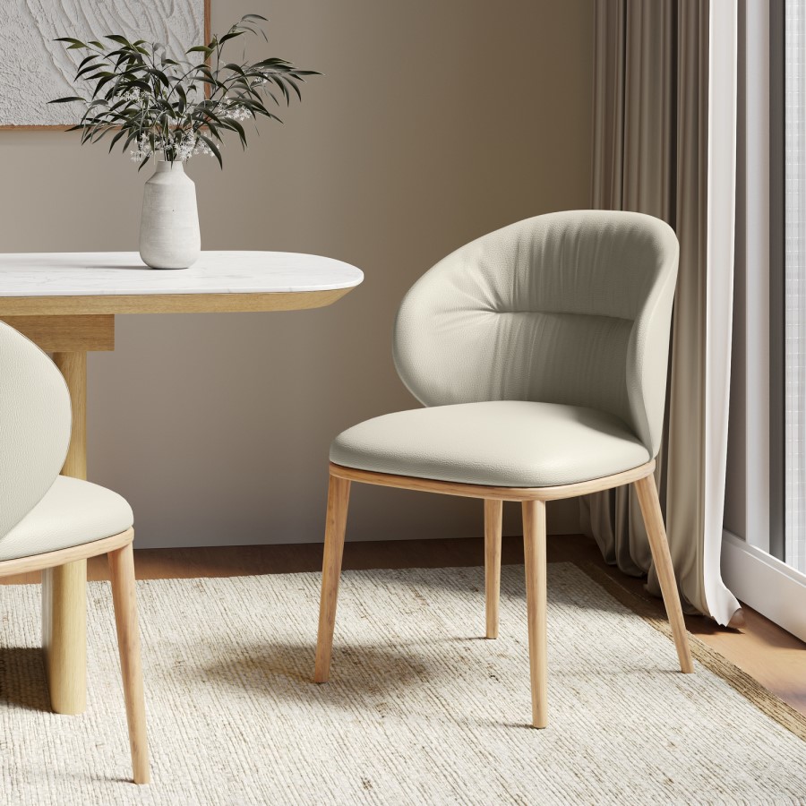 Cream Real Leather Dining Chair with Oak Legs - Eren