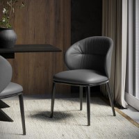 Charcoal Real Leather Dining Chair with Black Legs - Eren