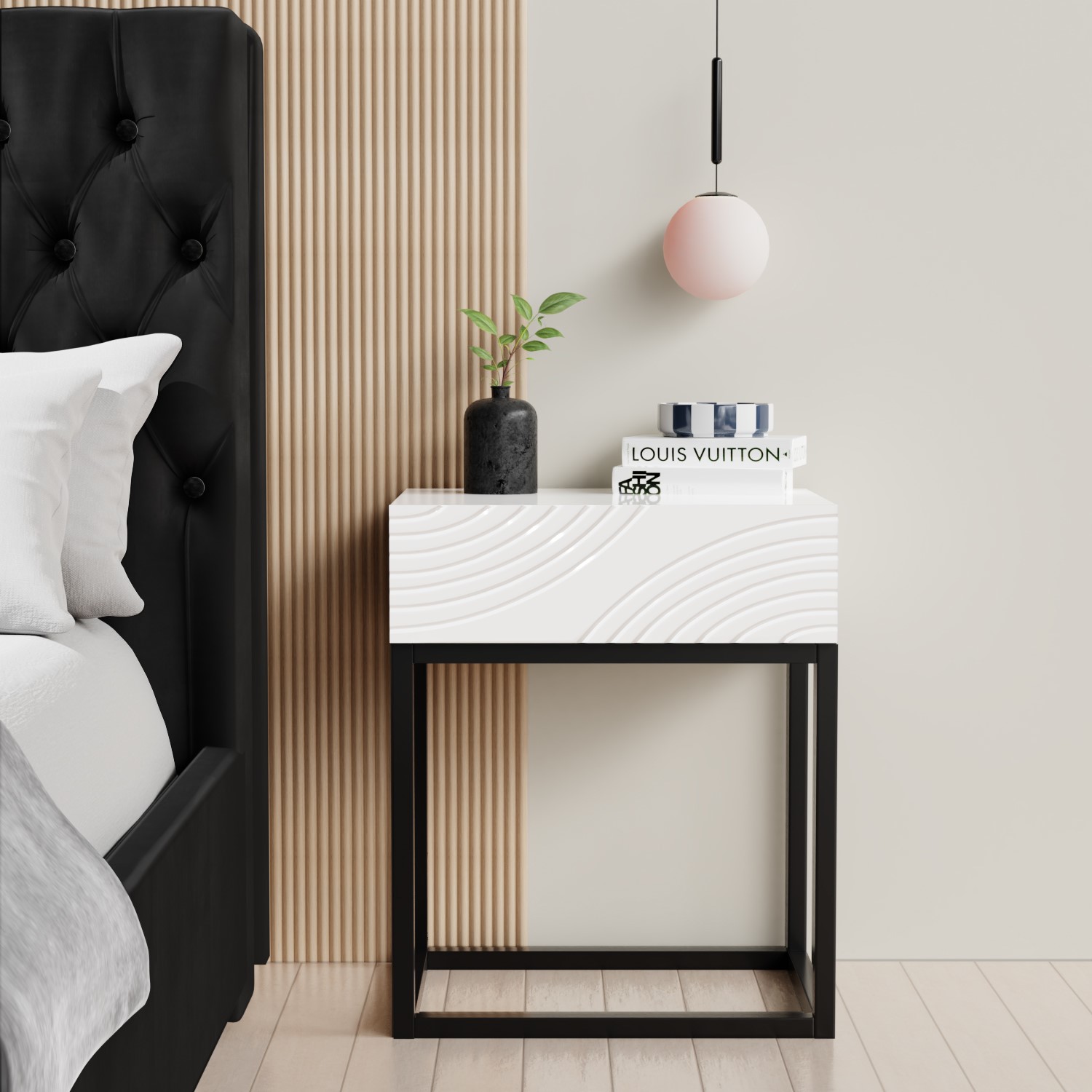 Bedside Table Patterned Black and White Gloss Patterned Bedside Table with Drawer - Erin ...