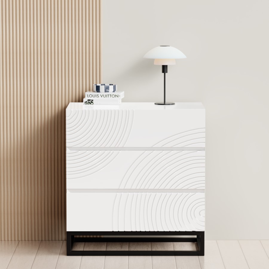 White Gloss Patterned Chest of 3 Drawers with Legs - Erin