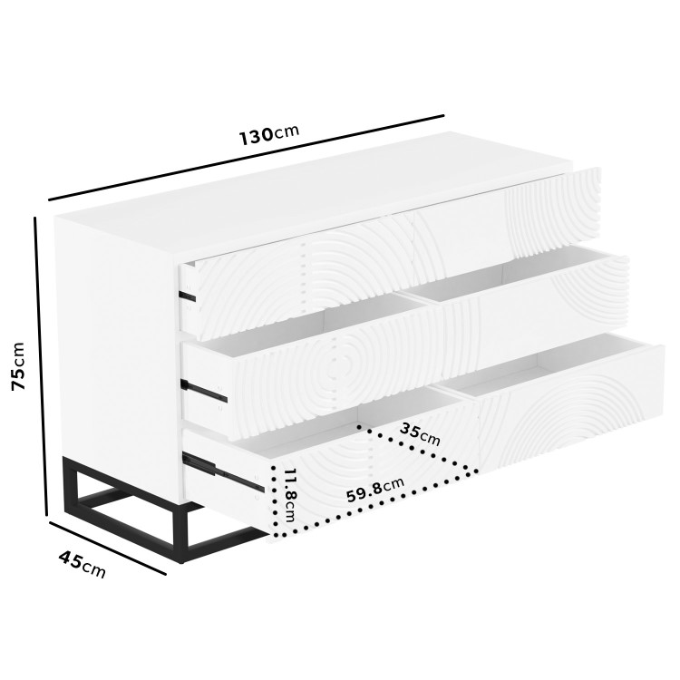 Wide White Gloss Patterned Chest of 6 Drawers with Legs - Erin 