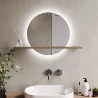 Round Backlit Heated Bathroom Mirror with Lights & Oak Shelf 500mm - Ersa